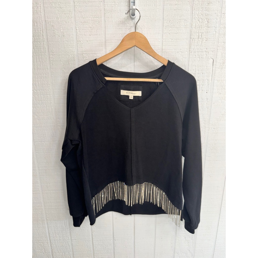Bluevelvet Sweatshirt Women Black Rhinestone Fringe V-Neck Pullover Small